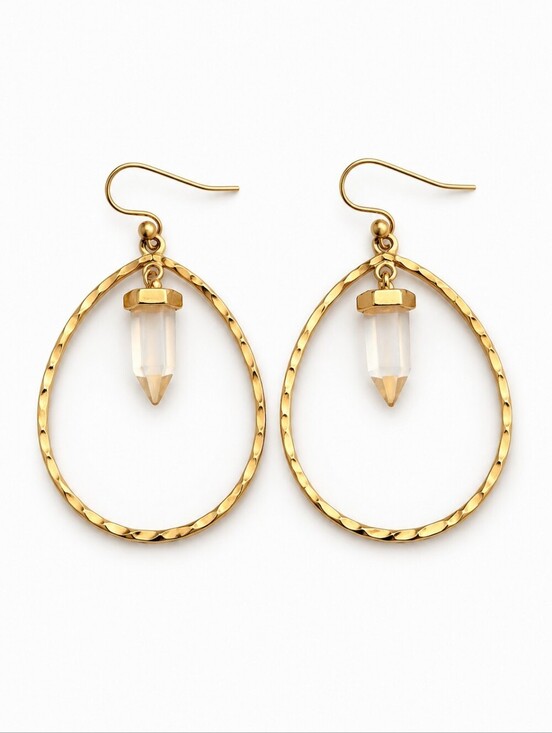 Vintage Jewelry - Vintage Goldtone Teardrop Mystical Gem Dangle Hook Earrings